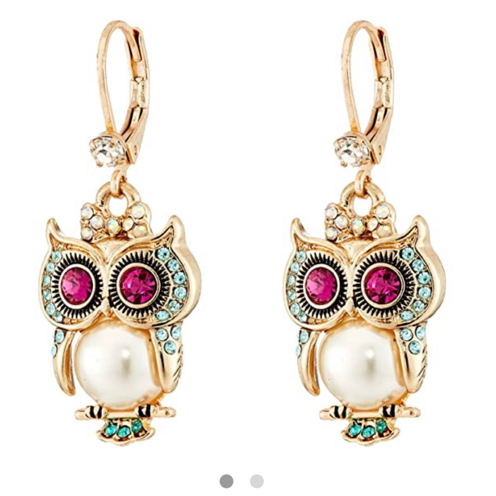 Betsey Johnson Pearl Critter Owl Drop Earrings